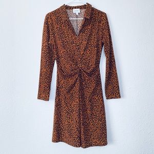 🍓 Nine West Cheetah Twist Front V-Neck Shirt Long Sleeve Midi Dress Medium